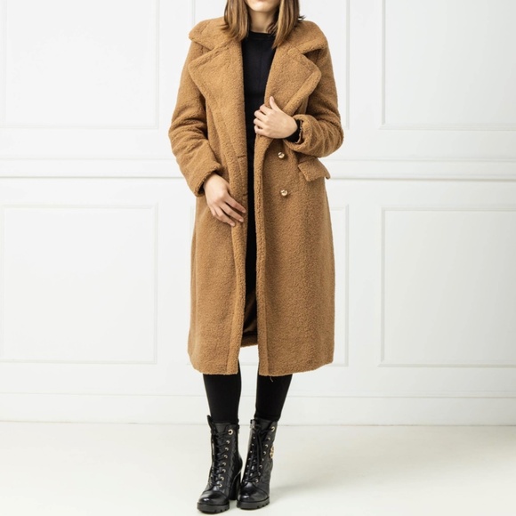 Guess Teddy Coat Brown Long Faux Sherling Double Breasted Size Large - Picture 1 of 8